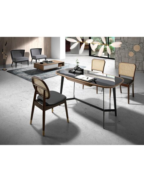 Bureau avec plateau en verre teinté noyer/noir/acier inoxydable - 140x72x76 cm