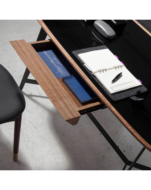 Bureau avec plateau en verre teinté noyer/noir/acier inoxydable - 140x72x76 cm
