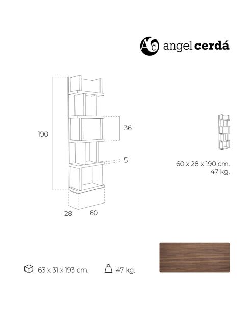 Bibliothèque en bois plaqué noyer - 60x28x190 cm