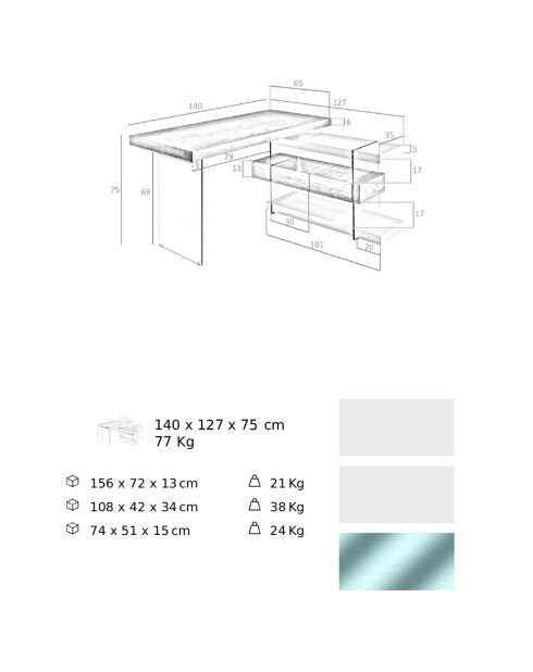 Bureau laqué support en verre blanc/transparent - 140x127x75 cm