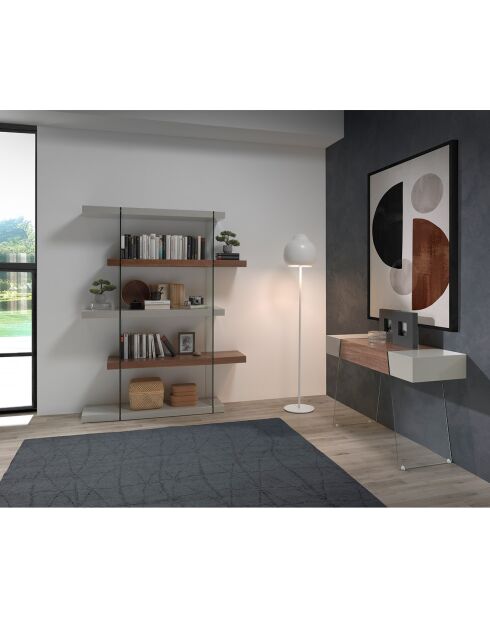 Bibliothèque avec côté en verre trempé noyer/blanc - 140x33x180 cm