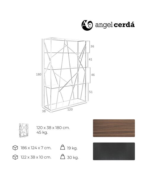 Bibliothèque en acier laqué noyer/noir - 120x38x180 cm