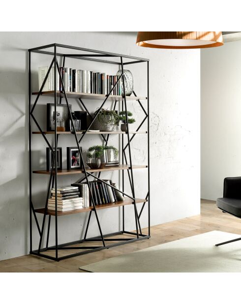 Bibliothèque en acier laqué noyer/noir - 120x38x180 cm