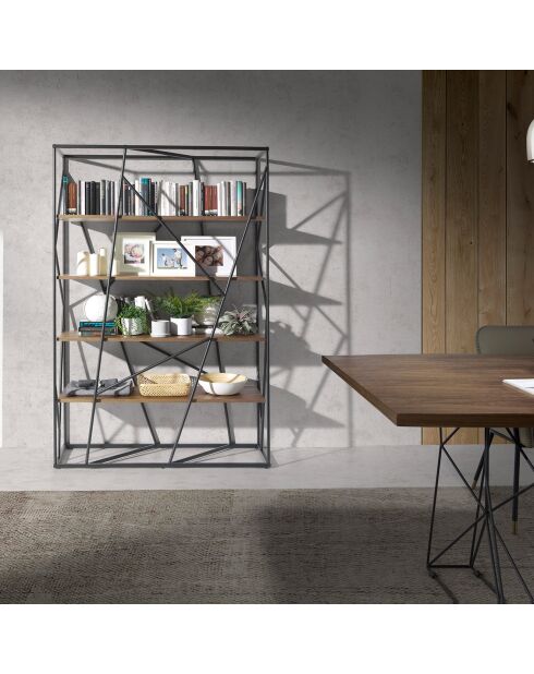 Bibliothèque en acier laqué noyer/noir - 120x38x180 cm
