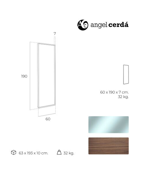 Miroir sur pied avec cadre en bois plaqué noyer - 60x190x7 cm