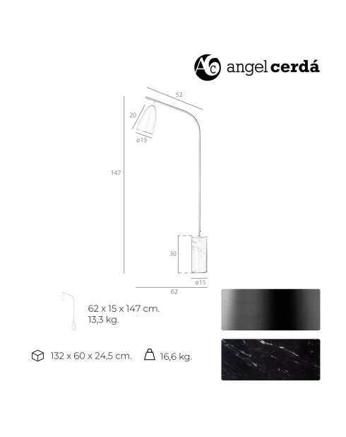 Lampadaire base effet marbre noir - 62x15x147 cm