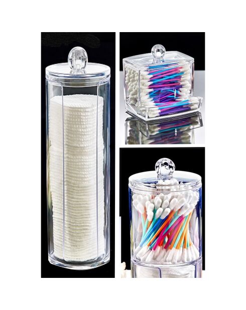 3 Boîtes à coton & coton-tiges transparentes