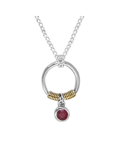 Collier en Argent, Laiton & Sillimanite teintée rouge/rose