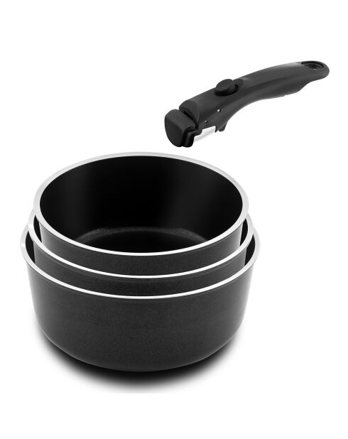 3 Casseroles induction + 1 poignée Arom noires - D. 16/18/20 cm