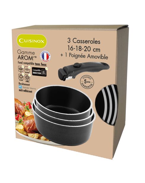 3 Casseroles induction + 1 poignée Arom noires - D. 16/18/20 cm