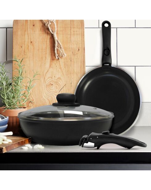 3 Casseroles induction + 1 poignée Arom noires - D. 16/18/20 cm