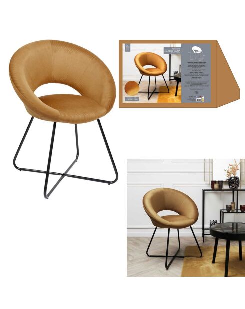 Fauteuil rond velours cotelé Giulia jaune/noir - 67x84x52 cm