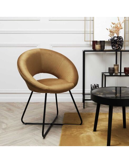 Fauteuil rond velours cotelé Giulia jaune/noir - 67x84x52 cm