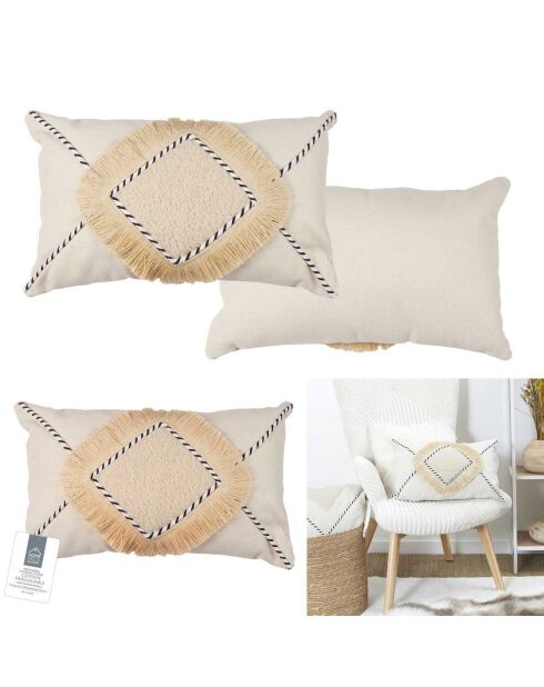 Coussin à franges beige - 50x30 cm
