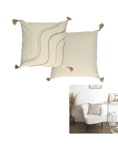 Coussin à pompons beige - 40x40 cm