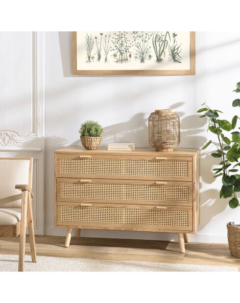 Commode 3 tiroirs cannage romeo naturel - 110x40x75.5 cm