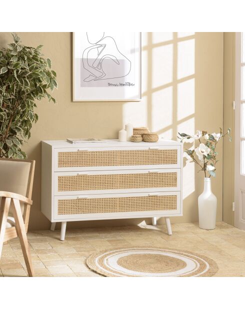 Commode 3 tiroirs cannage sandro naturel/blanc - 110x40x75.5 cm