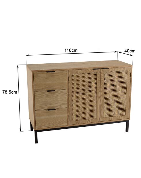 Buffet 3 tiroirs 2 portes cannage pieds métal marceau naturel - 110x40x78.5 cm