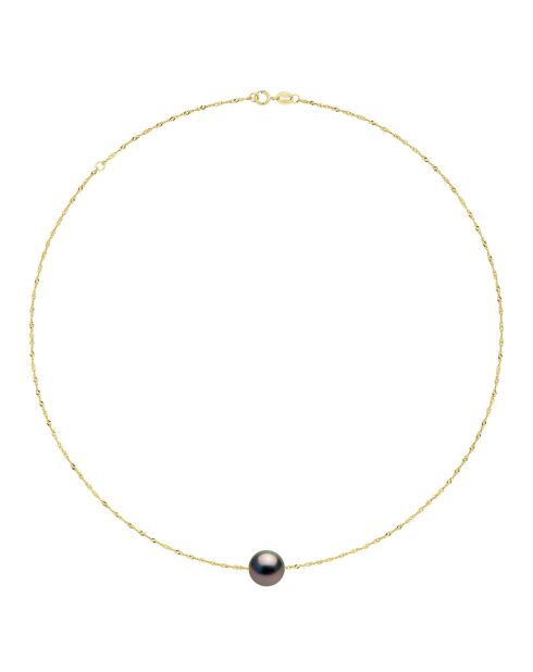 Halskette aus Gelbgold und schwarze runde Tahiti-Zuchtperle
