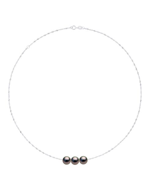 Halskette aus Weißgold und schwarze runde Tahiti-Zuchtperlen