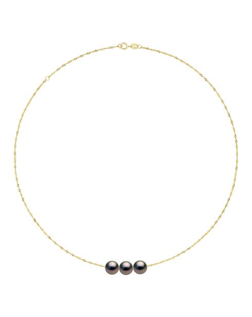 Halskette aus Gelbgold und schwarze runde Tahiti-Zuchtperlen