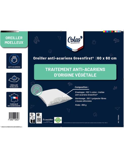 Oreiller ferme Anti Acariens Greenfirst blanc - 60x60 cm