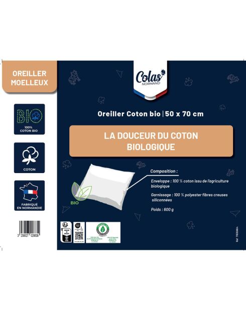 Oreiller moelleux 100% Coton Bio blanc - 50x70 cm