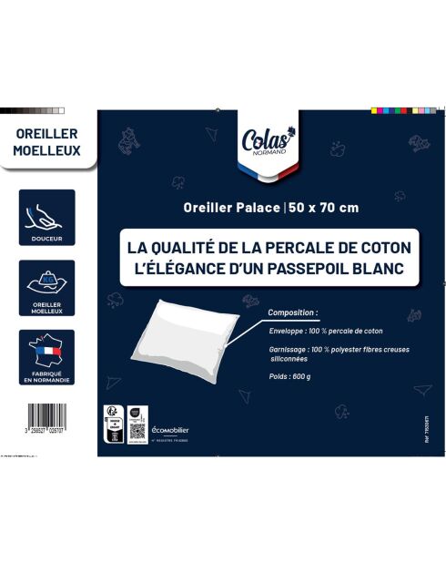 Oreiller Palace 100% Percale de Coton blanc - 50x70 cm
