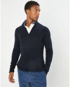 Pull en Coton & Cachemire 1/2 zip Cah Rib bleu marine