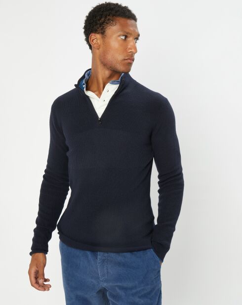 Pull en Coton & Cachemire 1/2 zip Cah Rib bleu marine