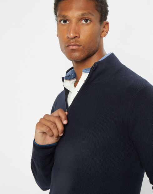 Pull en Coton & Cachemire 1/2 zip Cah Rib bleu marine