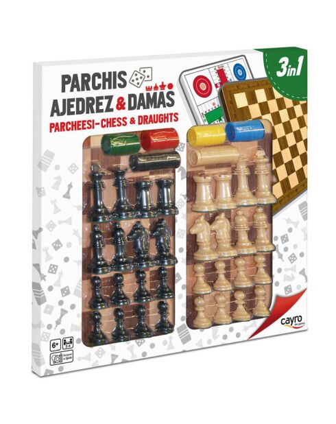 Parcheesi + échecs + dames avec accessoires en bois - 6 ans et +