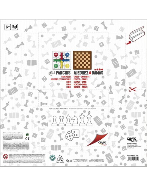 Parcheesi + échecs + dames avec accessoires en bois - 6 ans et +