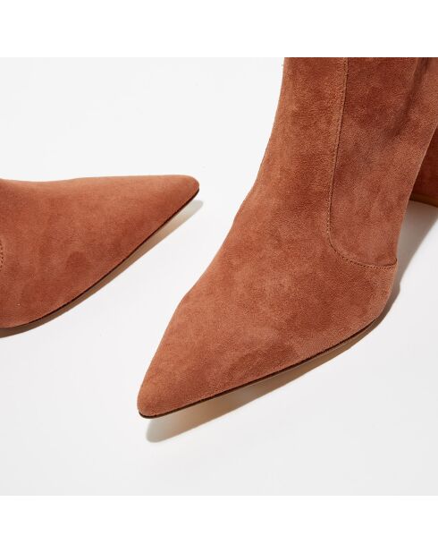Bottines en Velours de Cuir Block marron clair - Talon 7,5 cm