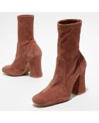 Bottines en Velours de Cuir Curveblock marron clair - Talon 10 cm