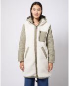 Manteau réversible doublé de fourrure synthétique sherpa à capuche amovible kaki/écru