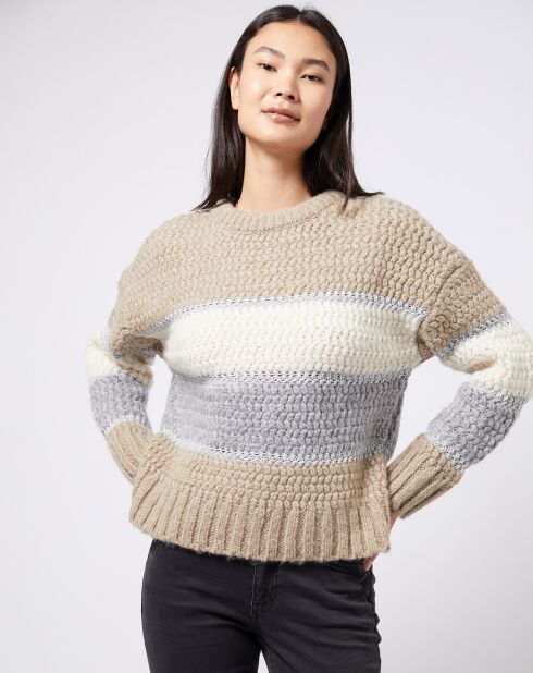 Pull Tricot en grosse maille fantaisie tricolore beige/gris/blanc