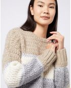 Pull Tricot en grosse maille fantaisie tricolore beige/gris/blanc