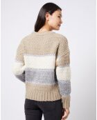 Pull Tricot en grosse maille fantaisie tricolore beige/gris/blanc