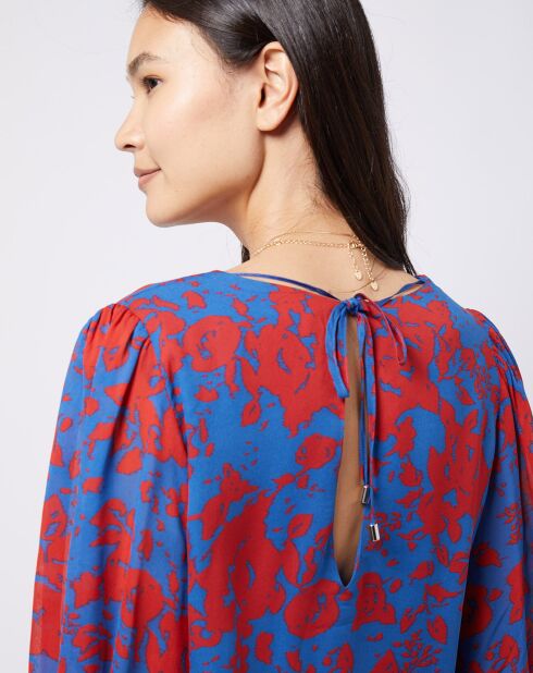 Blouse en voile imprimé fendue au dos rouge/bleu