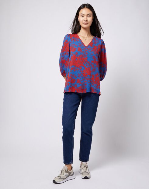 Blouse en voile imprimé fendue au dos rouge/bleu