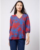 Blouse en voile imprimé fendue au dos rouge/bleu