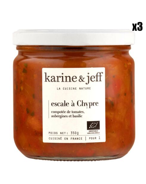 3 Bocaux Escale à Chypre : compotée de Tomates, Aubergines & Basilic 3x350 gr