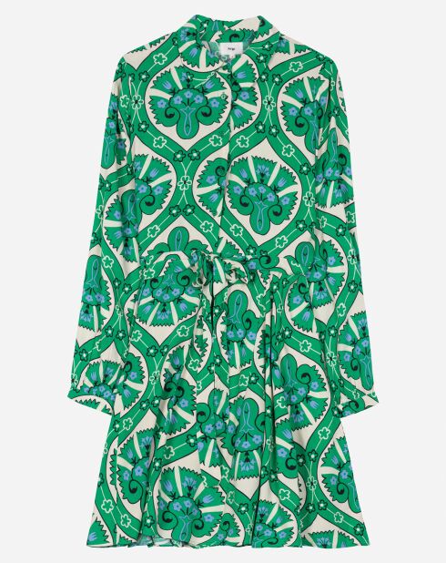 Robe chemise courte Thelma à motifs vert/écru