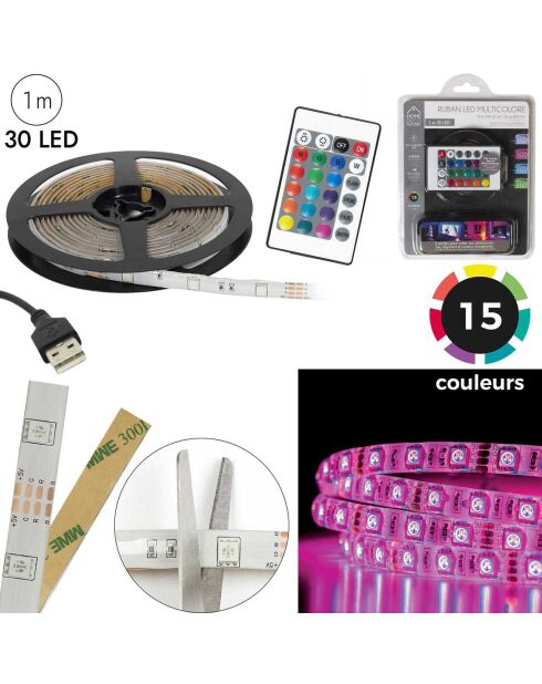 Ruban LED télécommandé transparent - 111x1x0.5 cm