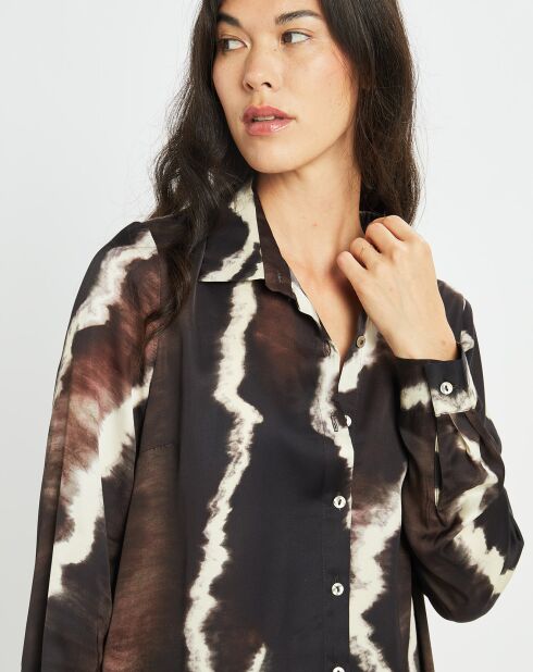 Chemise satinée Plume imprimée café