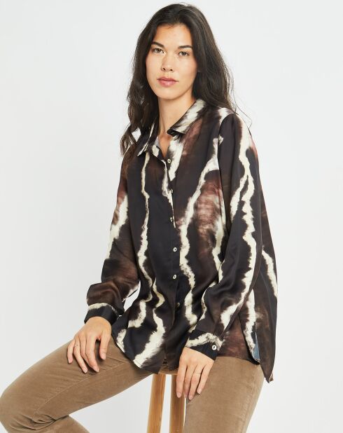 Chemise satinée Plume imprimée café
