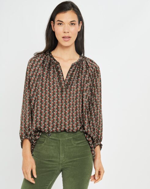 Blouse satinée Ciara imprimée forest kaki/marron