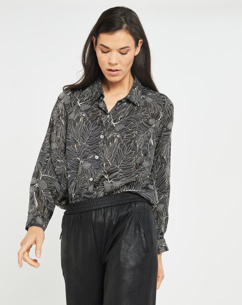 Chemise satinée Ciara feuilles noire