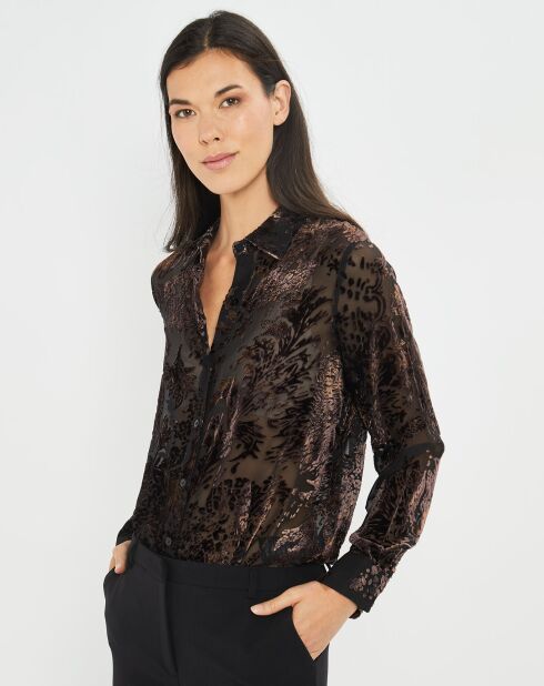 Blouse en Soie mélangée Opium motifs velours prune foncée